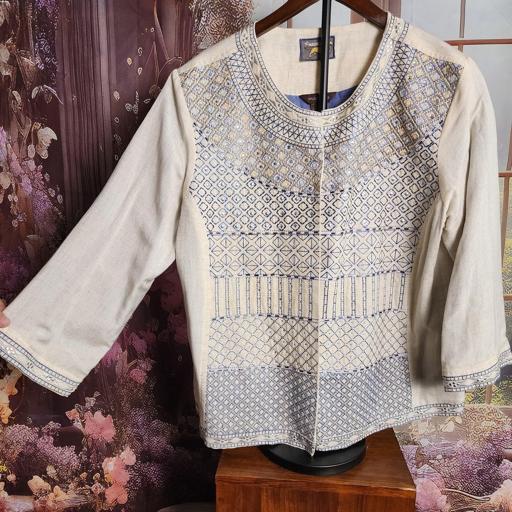 Multiples Womens Large Cream Blue Embroidered Sequin Blazer Jacket Boho L